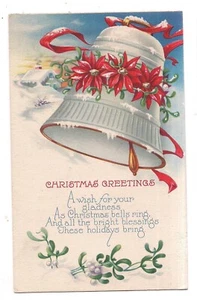 POINSETTIA SNOWY BELL Mistletoe Snow Scene CHRISTMAS Greetings Postcard DB - Picture 1 of 2