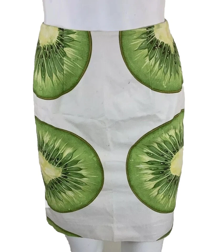 Saia lápis vintage Y2K Steven Stolman tamanho 2 estampa kiwi branca verde reta BQ - Imagem 1 de 4