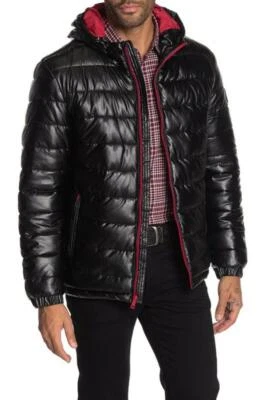 Cole Haan men's Black faux Leather Puffer Jacket  -size  Small - retail $275 - Image 1 of 4