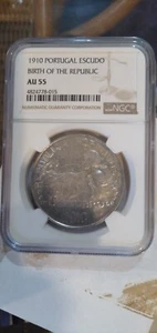 Portugal 1910 "Birth of the Republic" Escudo silver coin NGC AU 55 - Picture 1 of 2