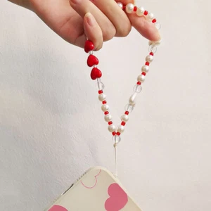 Fashion Red Heart Beaded Mobile Phone Chain Universal Phone Wrist Strap Gifts - Zdjęcie 1 z 6