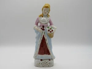 Vintage Victorian Ceramic Woman Figurine with Basket of Flowers Gold Trim 6"Tall - Picture 1 of 8