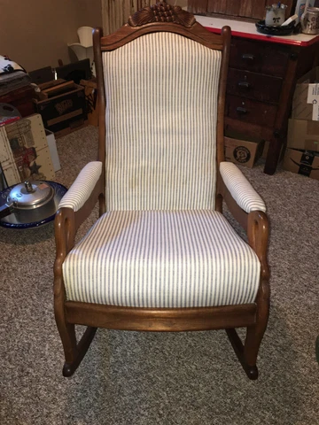 Antique Mahogany Goose Neck Rocking Rocker Chair Blue Ticking Upholstery Cover