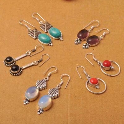 Pendiente de mujer hecho a mano con gancho enchapado en plata de ley 925 con piedras preciosas de opalita y mezcla Foto 1 de 3