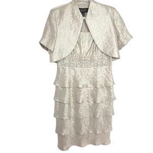 R&M Metallic Beaded Tiered Ruffle Dress Suit Bolero Jacket Size 10 Gold Party - Picture 1 of 22