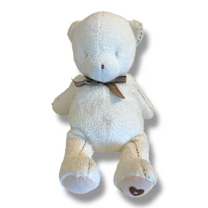Carters White Plush Bear Exposed Brown Stitches Bow Stuffed Animal 14” Heart  - Picture 1 of 7