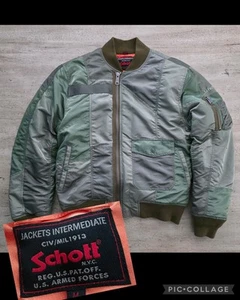 Schott NYC Olive Patchwork MA-1 Bomber Flight Jacket Sz M EUC Reversible - Picture 1 of 11