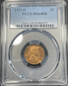 1937 D Lincoln Wheat Cent 1c PCGS MS64RB Denver Nice Red-Brown Cent   E452 - Picture 1 of 4
