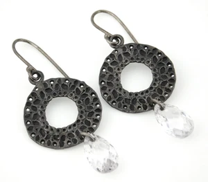 Silpada 925 Sterling Silver Textured Circle Disk Teardrop CZ Earrings W1520 - Picture 1 of 5