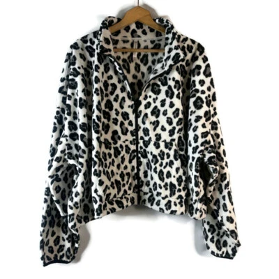 Fabletics Womens Fleece Sweater Size 4X White Leopard Zip Up Cropped Pockets - Image 1 of 4