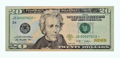 US Twenty Dollar bill Star Note JD 00007610 * Series 2009-Fancy -Unique-Rare - Image 1 of 4