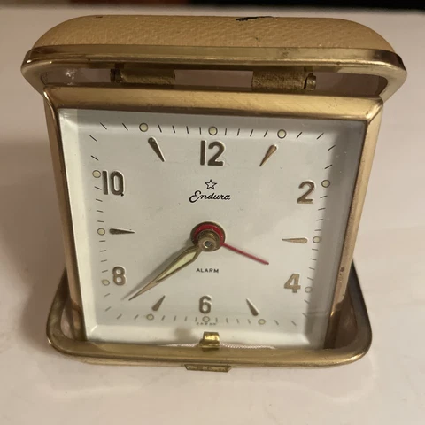 ENDURA Tan Leather Clock, Vintage Endura Folding Mechanical Travel Alarm Clock Cover