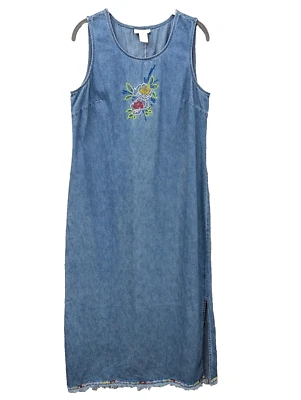 Maxi Vestido De Colección Denim Mujer 12 Floral Bordado Sin Mangas Flecos Dobladillo Crudo Foto 1 de 4
