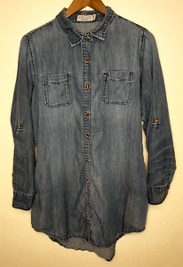 Judy Blue Women's Front Button Denim Chambray Shirt Top Size M Roll Tab Sleeves - Picture 1 of 16