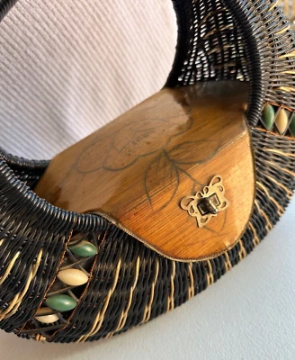 Wicker Woven Basket Telephone Purse Hard Shell Wood Beads Burned Butterfly 1970s - Image 1 of 4