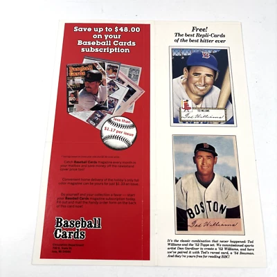 Revista de béisbol BBCM 1988 panel sin cortar inserción Ted Williams Boston Red Sox ¡RARO! Foto 1 de 4