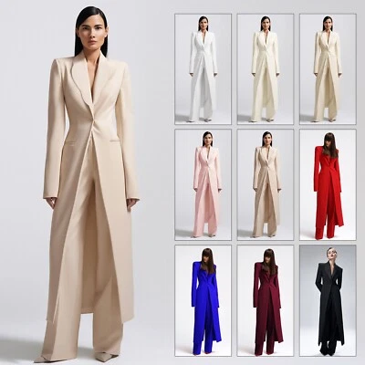 Moda Mujeres Conjunto de Traje Calce Ajustado Chaqueta Larga Pantalones 2 piezas Cóctel Pecho Único Foto 1 de 4