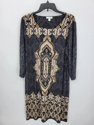 Vestido Charter Club para mujer grande negro tostado adornado estampado mandala funda elástica Foto 1 de 4