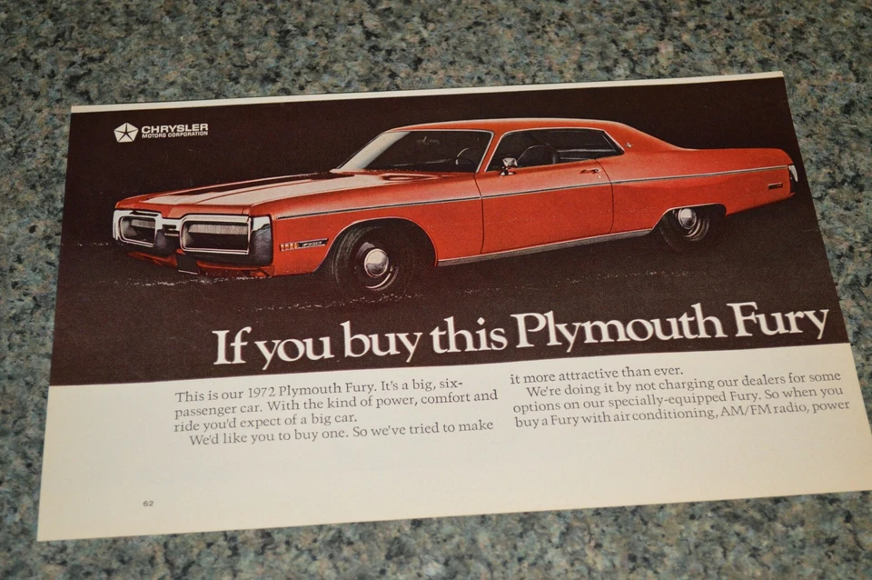 1972 PLYMOUTH FURY ORIGINAL ADVERTISEMENT PRINT AD 72 - Image 1 of 1