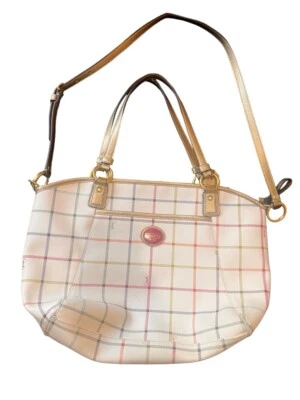 Coach leather PEYTON PLAID TATTERSALL Satchel crossbody tote bag. Creme Gold - Image 1 of 4