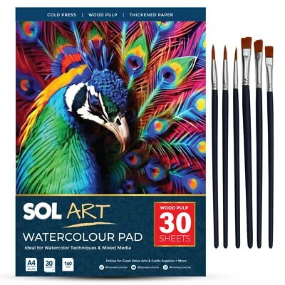 SOL 30 Stück Aquarell Block Papier kaltgepresst Premium A4 Skizze Zeichnung Blätter 160GSM