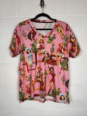 Retro Vaquera Pinup Western Camiseta Rosa Cuello en V Cactus Gráfico Camisa De Gran Tamaño L/XL Foto 1 de 3