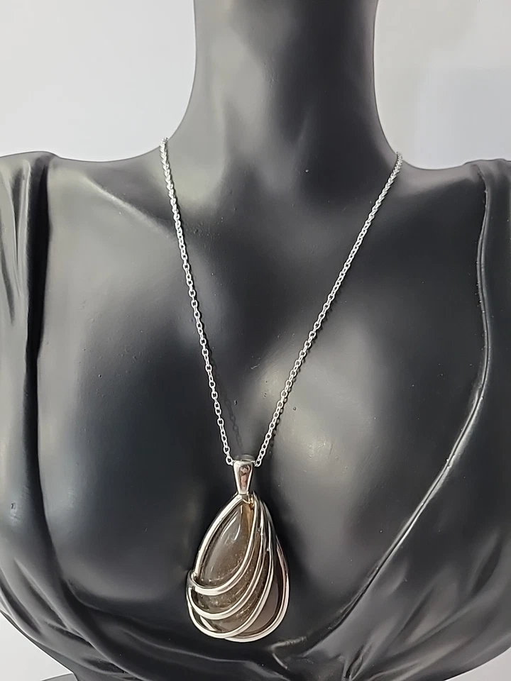 Vintage Lia Sophia Pendant Silver Tone Brown Stone Chain Jewelry Costume - Image 1 of 4