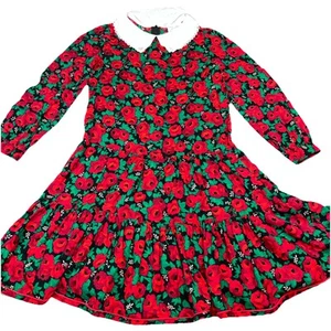 Red Roses Black Rayon GIRL’S XL Dress White Lace Peter Pan Collar Cottage Fairy - Picture 1 of 14