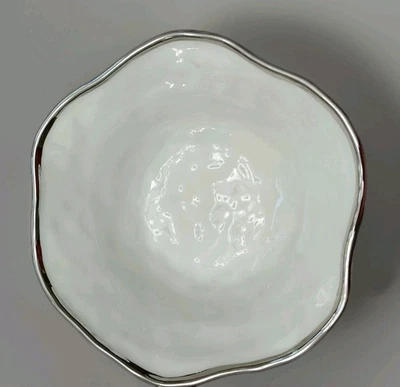 Pampa Bay Porcelain? Round White Serving Bowl with Scalloped Silver Edge & Trim - Image 1 of 4