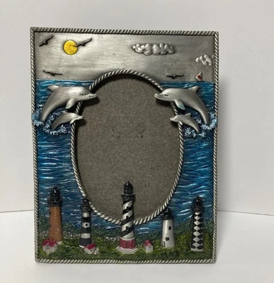 Lighthouse and Dolphins Pewter Picture Frame Dolphins 7x5.5” Holds 4.25”x 3.25” - Image 1 of 4