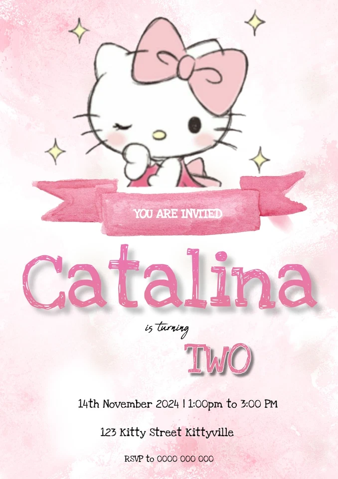 IMPRESO Invitaciones de Cumpleaños ARCHIVO DIGITAL PERSONALIZADO Hello Kitty Foto 1 de 1