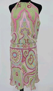 Vintage Donna Morgan Silk Dress 8 Pink And Green Paisley Mod Retro Drop Waist - Picture 1 of 4