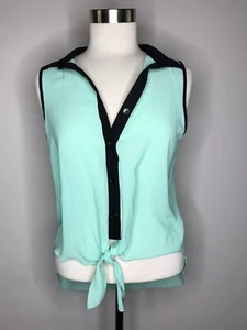 NWT MINT GREEN BLACK SLEEVELESS TIE KNOT COLLAR TOP BLOUSE LARGE - Picture 1 of 4
