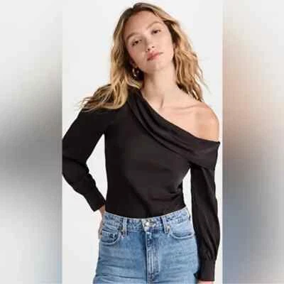 Astr The Label Womens Off The Shoulder Top Size M Black Satin Puff Sleeve - Image 1 of 4