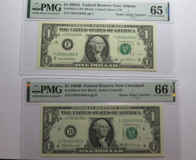 2 $1 1969 & 2003 Matching Radar Serial Numbers Federal Reserve Bank Note Bills - Image 1 of 4