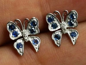 E098 - Genuine 9ct White Gold Natural Sapphire & Diamond Butterfly Stud Earrings - Picture 1 of 6