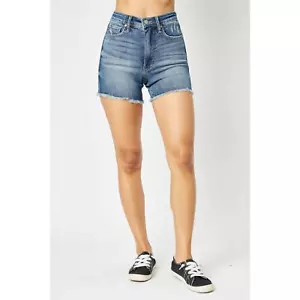 Judy Blue Marissa High-Rise Tummy Control Denim Shorts Fray Hem Cut Offs Sz M - Picture 1 of 11