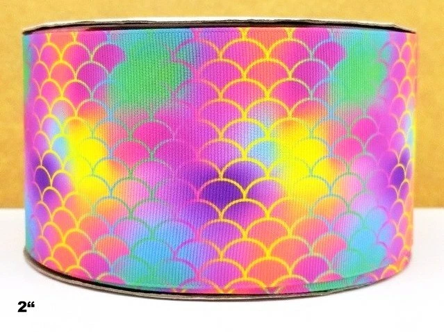 2 INCH Grosgrain Ribbon HAIR BOW SUPPLY WHOLESALE Mermaid Scales Ombre Rainbow - Image 1 of 1