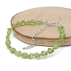 Bracelet Raw Peridot Beaded Nuggets Natural Olive Green Gemstone Silver Plated - Picture 1 of 16