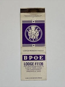 Vtg MATCHBOOK COVER BPOE Elks Lodge, 1139 Greenville Ohio - Picture 1 of 2