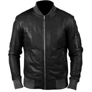 Men's Genuine Leather BLACK Soft Lambskin Bomber Elastic Waist Jacket - Picture 1 of 6
