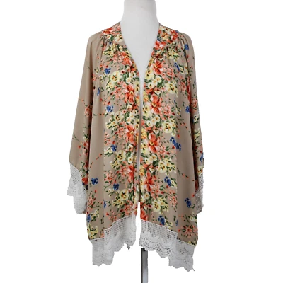 Umgee Sz S/M Tan Pink Multi Color Embroidered Floral Cotton Poly Wrap Sweater - Image 1 of 4