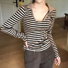 Womens Casual Lapel Collar Long Sleeve Tops Mixed Colors Stripe Slim Fit T-Shirt