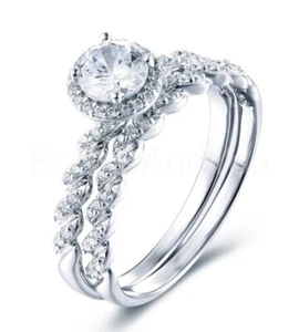 2.2ct Round Cut Moissanite Halo Braided Bridal Ring Set 14k White Gold Plated - Picture 1 of 3