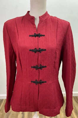 Nine & Company Red Quilted Jacket Size 10 Black Motif Knot Buttons Unlined - Image 1 of 4