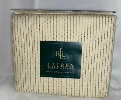 NEW! RALPH LAUREN King DEEP FITTED Sheet Cold Spring Pinstripe Black VINTAGE! - Image 1 of 4