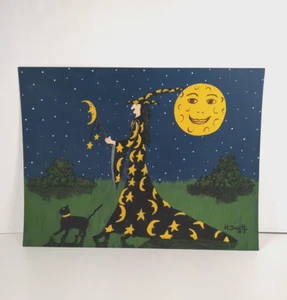 Original Halloween Painting Witch Black Cat Full Moon Party by Margaret Truitt - Picture 1 of 9