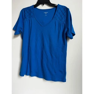 Liz Claiborne Blue Cotton V-Neck T-Shirt Quilted Shoulder Casual Top S. M - Picture 1 of 8