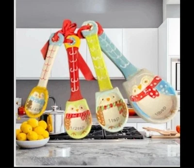 Vintage Ceramic Owl Measuring Spoons Set Of 4 Nesting Owl Spoons, Whimsical - Image 1 of 4