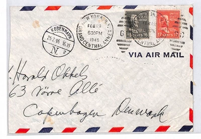 USA Prexie 16c 17c Franking 1946 Air Mail Cover New York Copenhagen XU254 - Image 1 of 4